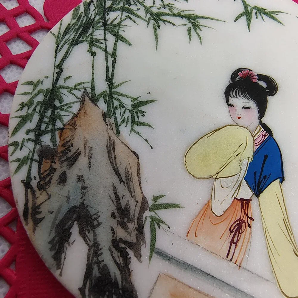 Collectible Japanese Marble Painting Small Round Geisha Girl Mountainous Scene